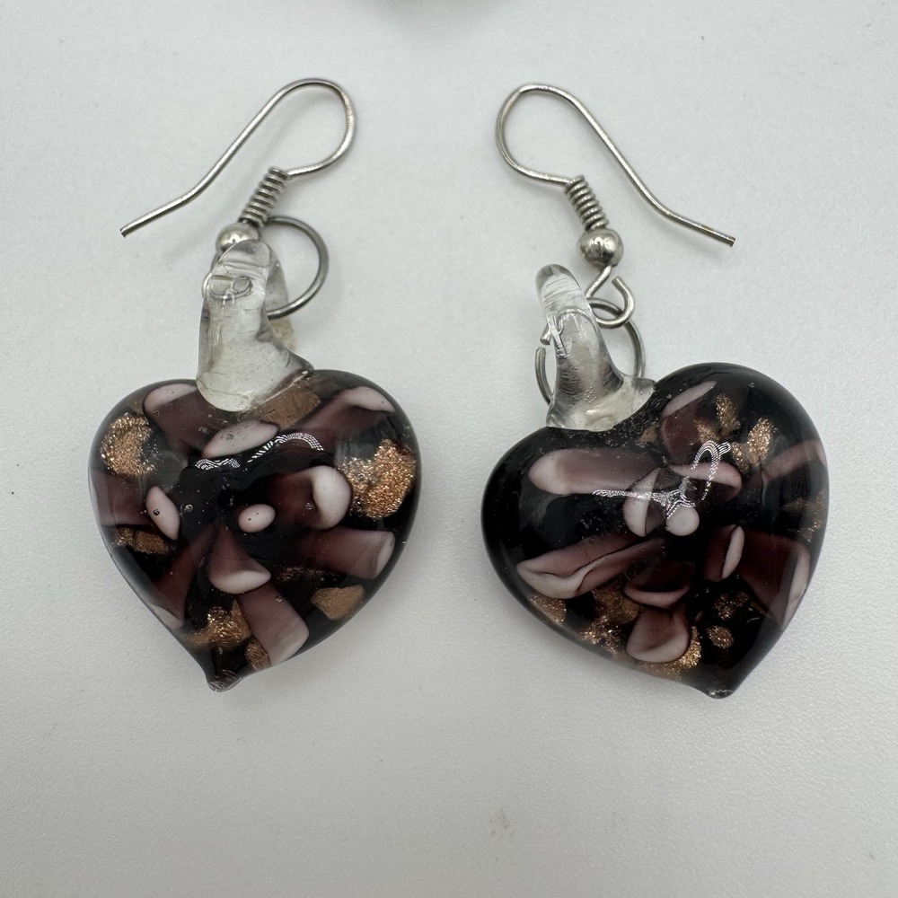 Murano Style Art Glass Heart Earrings Copper Aventurine Dangle‎ Handmade Look